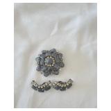 Gray Cat's Eye Cabochon and Rhinestone Brooch &
