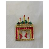 Vintage Gold-Tone Christmas Fireplace Brooch