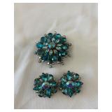 Blue & Green Rhinestone Floral Brooch 2.25'