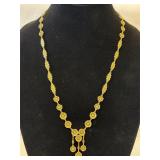 Gold Tone Necklace with Green Beads & Flowers