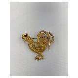 Signed B.S.K. Chicken Brooch w/Red Stone Eye 1.75'