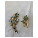 Two - Floral Bouquet Rhinestone Brooches