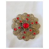 Vintage Bohemian Ruby Red Glass Filigree Brooch 2'