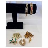 Gold Tone Assortment - (4) Brooches (2) Bracelets