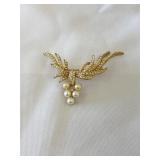 Vintage Brooch Faux Pearls Grape & Leaves Cluster