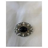 Vintage Silver Tone Brooch w/Rhinestones & Stone