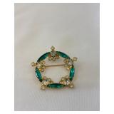 Vintage Gold-Tone Green Rhinestone Wreath Brooch