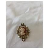 Cameo & Faux Pearl Brooch 1.75'x2'