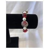 Handmade Stretch Bracelet with Red Glass and White