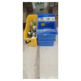 Two plastic storage bins & carry tote of assorted