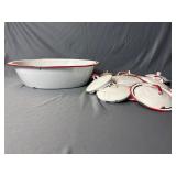 White enamelware oval bowl and lids