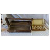Wood tote with handle and wood trinket box with