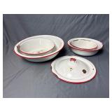 5 - Vintage white enamelware bowls with red rims