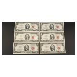 (6) 1963 $2 Red Seal Consecutive Serial Numbers