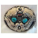Vtg. Navajo Turquoise & Coral Ornate Belt Buckle