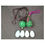 Adventerine glass carved globes, gemstone eggs