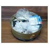 Glass beads, decorative tin