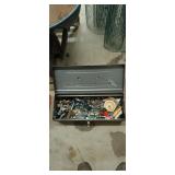 Metal toolbox full of hardware and miscellaneous
