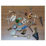 Crucifix pendants, pins, fossil, vintage keys
