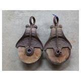 2- Pulleys, wooden with cast iron frame
