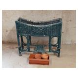 Wicker plant stand, some damage, plastic pots 36'