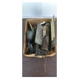 Box of assorted tools and thermometer
