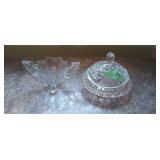 Pair of clear glass dishes, covered candy dish,