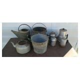 Assorted galvanized pieces, aluminum kettle, and