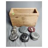 6 Vintage fishing reels in wood box, Bristol #68