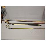 (5)Vintage golf clubs 2 wood head drivers, 3 irons