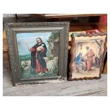 (1) Framed Religious Print (1)Wooden Religious Pic