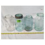 (3) Blue Jars (1) Clear Jar