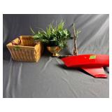 Wooden sail boat, basket, artificial flowers