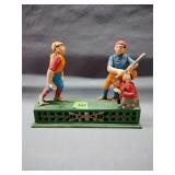 Baseball themed cast iron coin bank