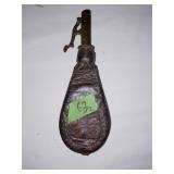 Antique leather black powder flask, with