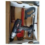 Craftsman drill, pipe wrench, hand saw
