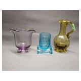 Purple art glass vase, blue glass cannon toothpick
