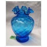 Unmarked Fenton Blue Ruffle Crimped Glass Vase 6'H