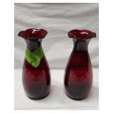 (2) Ruby Red Glass Vases 6.5'H