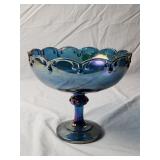 Blue Carnival Glass Pedestal Bowl 7.5'Hx8.5'D