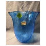 Vtg. Pilgrim Handcraft Blue Crackle Glass Vase