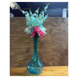 Aqua Blue Art Glass Vase with Artificial Flowers