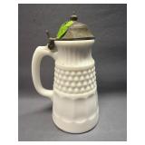 Vintage Milk Glass Hobnail Pitcher w/Metal Lid