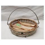 Pink Glass Divided Bowl in Metal Basket 9'D