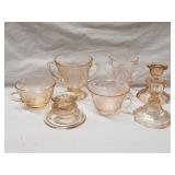 (7) Pink Glass Lot Including Candle Holders