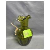 Vintage Green Optic Glass Pitcher Clear w/Applied
