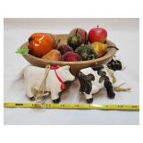 Wooden Bowl w/ Fruit & (2) Cow Wall Hangers
