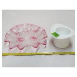 Satin Rose Glass Dish 9'D & Unmarked Fenton Hat