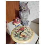 Weighted owl decor, parrot and thermometer