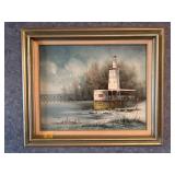 Signed L. Bishop Canvas Lighthouse Painting Framed